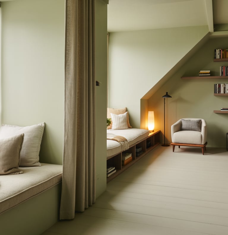 An ADU interior showing different possible reading nook placements, window corner, loft edge, and wa