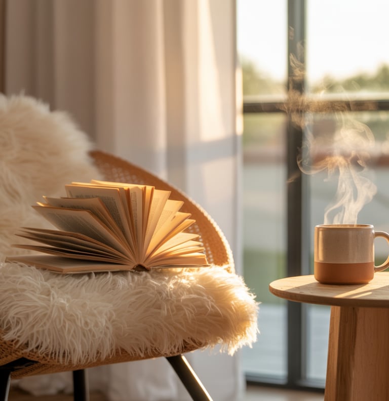 A serene editorial-style photograph of a cozy ADU reading nook bathed in soft golden morning light s