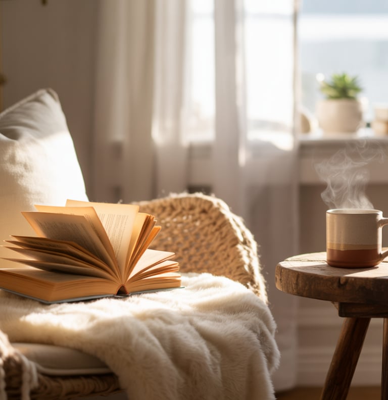 A serene editorial-style photograph of a cozy ADU reading nook bathed in soft golden morning light s