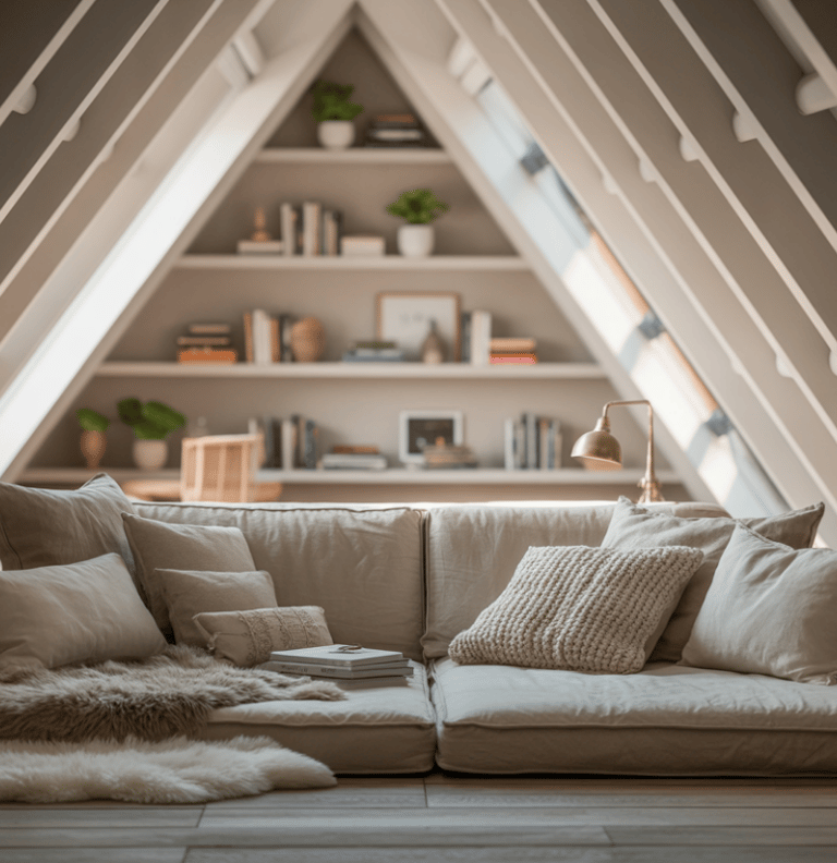 A loft or mezzanine reading nook with low seating, soft textures, and cozy lighting, showing a tucke