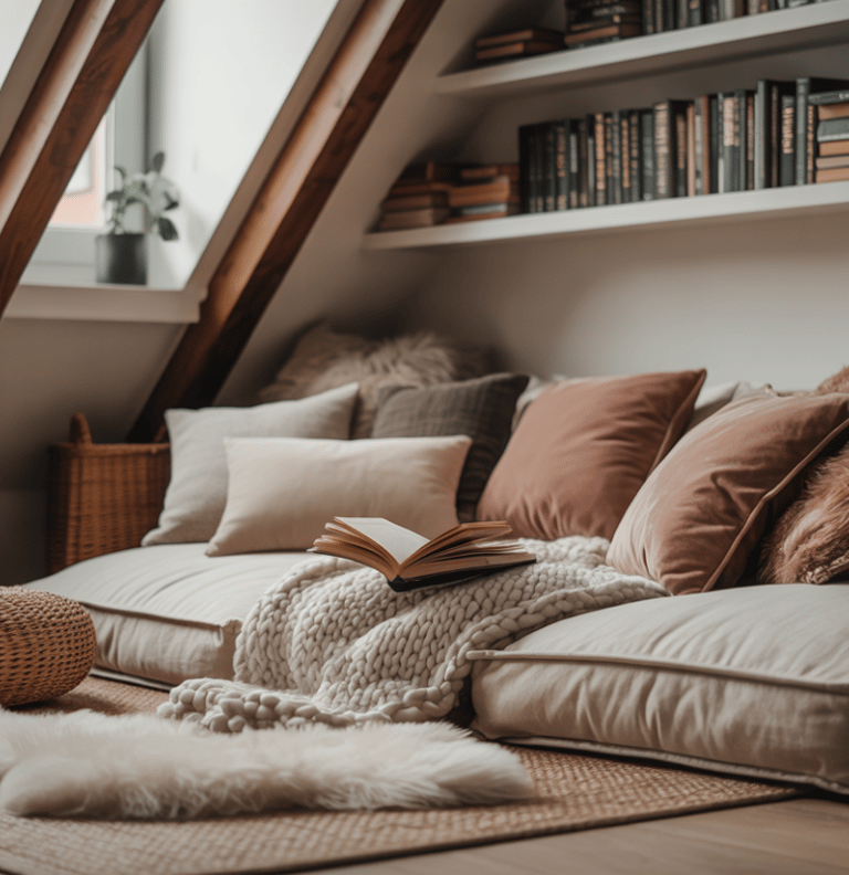 Cozy attic reading nook with floor cushions, pillows, and built-in bookshelves.