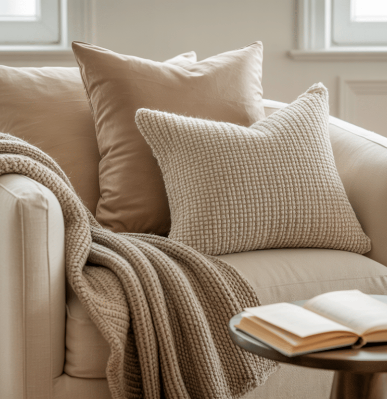 A cozy reading nook highlighting textures and color choices, neutral cushions, soft throw, subtle ru
