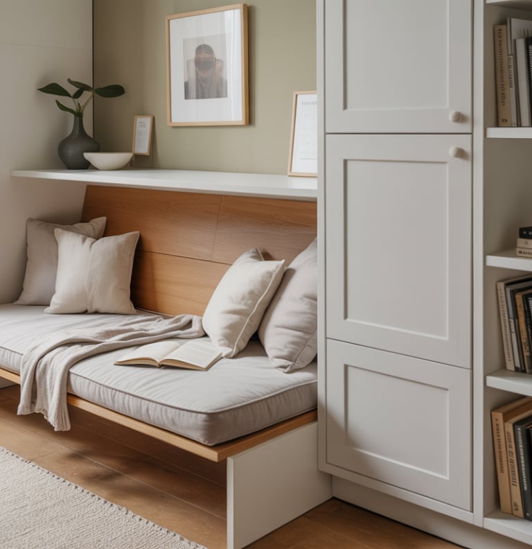 A fold-away reading nook with a wall-mounted bench folded down for use, demonstrating flexibility an