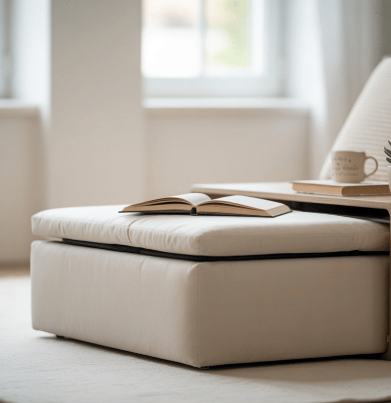 A fold-away reading nook with a wall-mounted bench folded down for use, demonstrating flexibility an