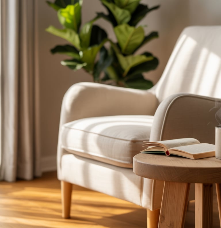 A cozy cottage-style reading nook with layered cushions, warm wood tones, and soft lighting, feeling