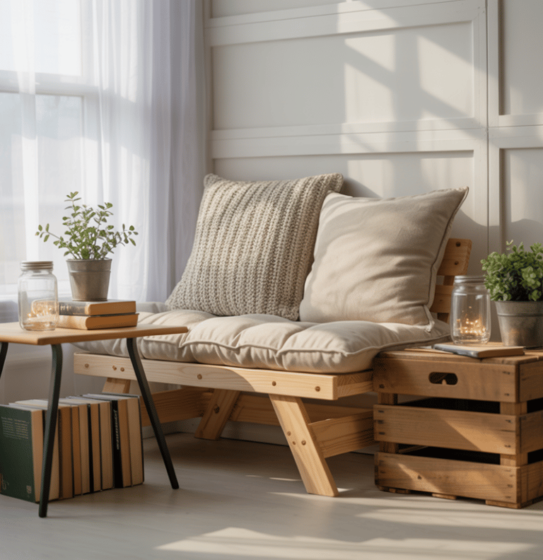 A budget-friendly reading nook created with simple furniture, DIY bench seating, and reused decor, s