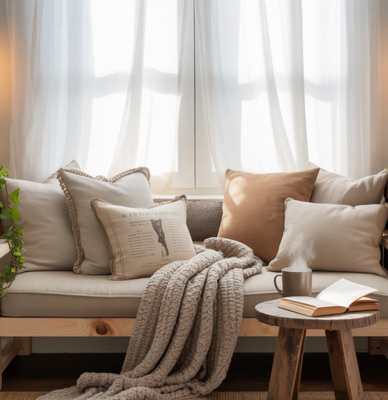 A budget-friendly reading nook created with simple furniture, DIY bench seating, and reused decor, s