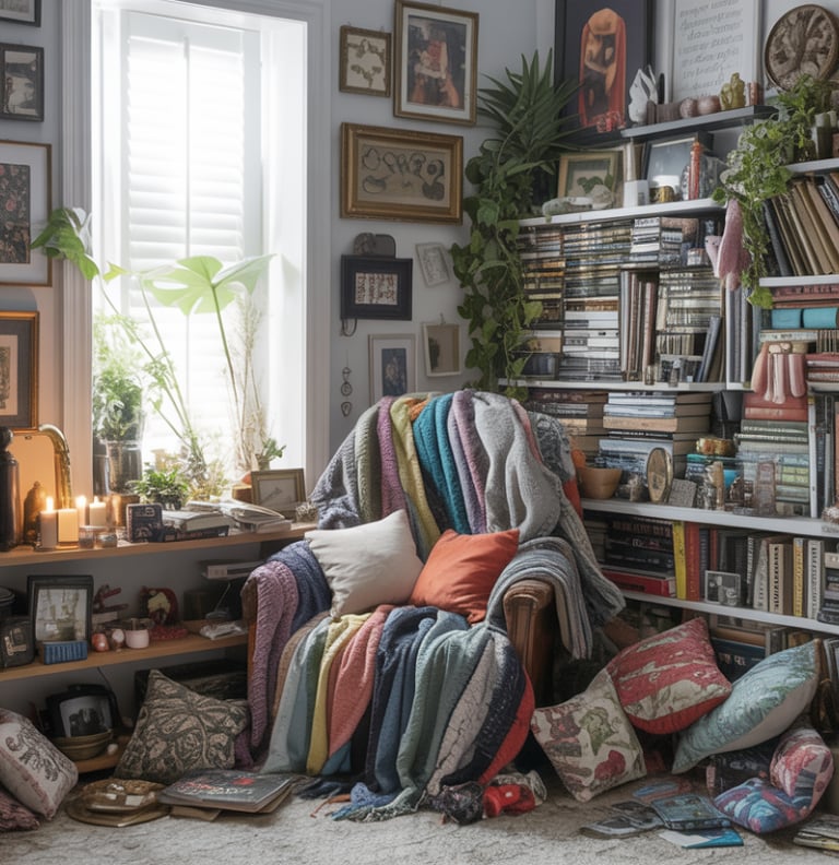 A cluttered reading nook overloaded with decor, shelves, and patterns, showing visual overwhelm comp