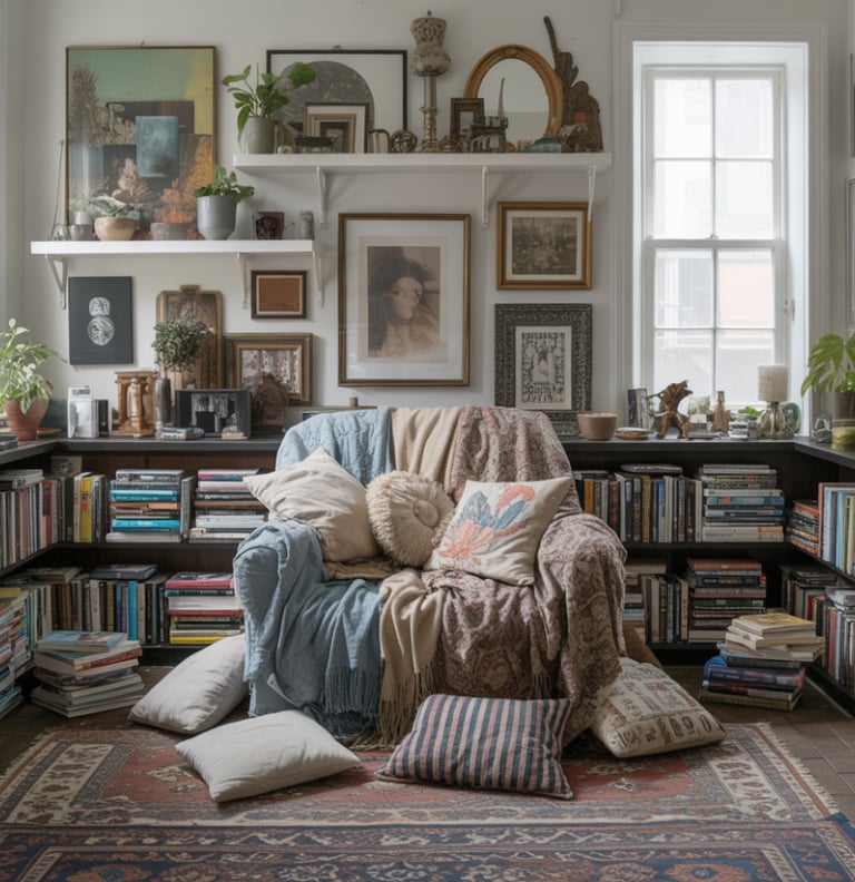 A cluttered reading nook overloaded with decor, shelves, and patterns, showing visual overwhelm comp