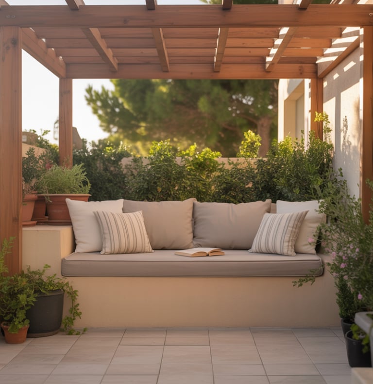 A compact patio reading nook with a wooden pergola roof, built-in bench with neutral cushions, potte