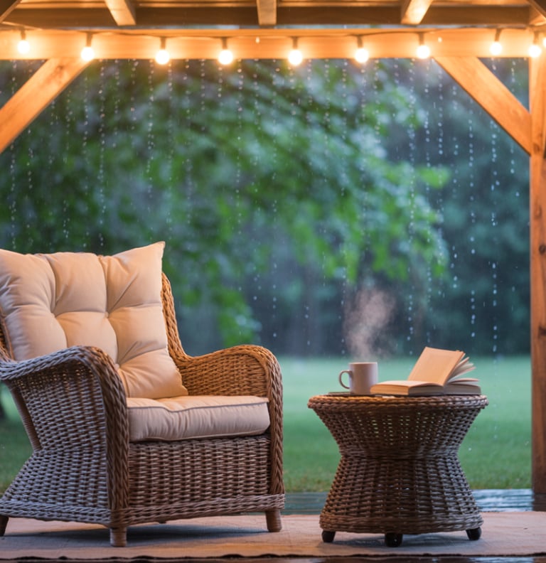 A previously unused outdoor corner now styled as a covered reading nook, visual transformation showi