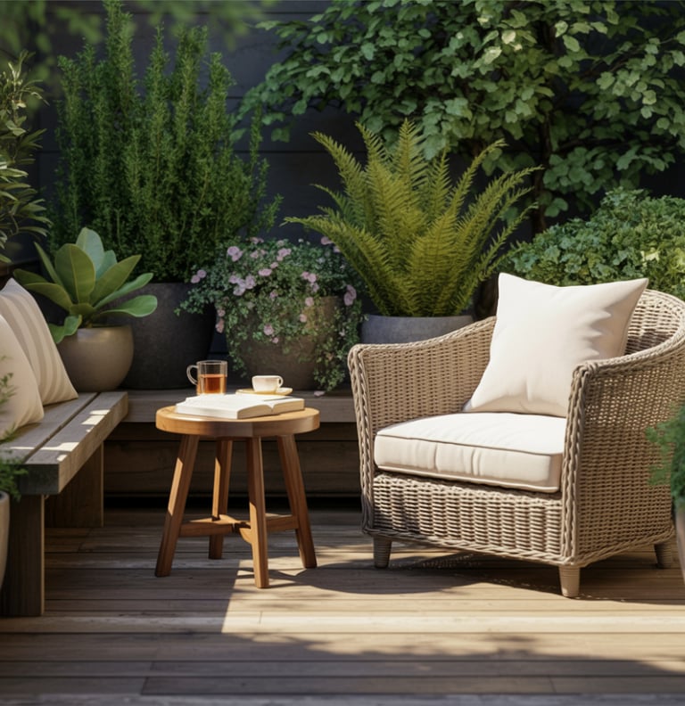 Cozy patio design with a wicker armchair, wooden table, and lush potted garden plants.