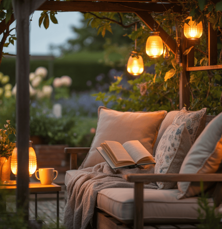 Cozy outdoor reading nook in a garden gazebo with warm lantern lighting and plush cushions.