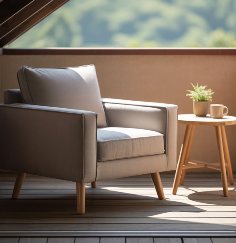 Covered daybed or swing seat reading nook, gentle movement implied, stable roof structure, relaxed a