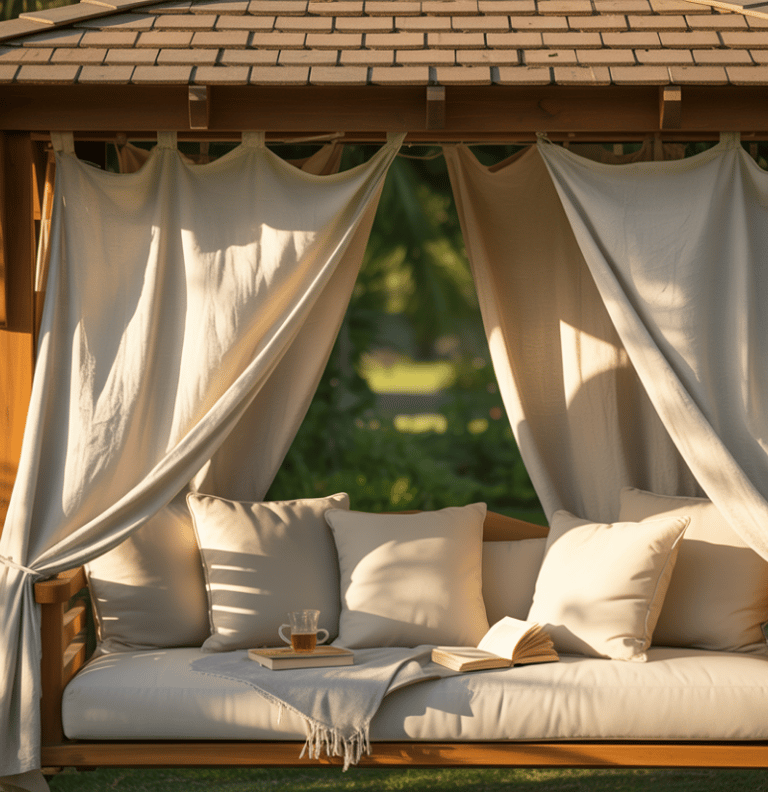 Covered daybed or swing seat reading nook, gentle movement implied, stable roof structure, relaxed a