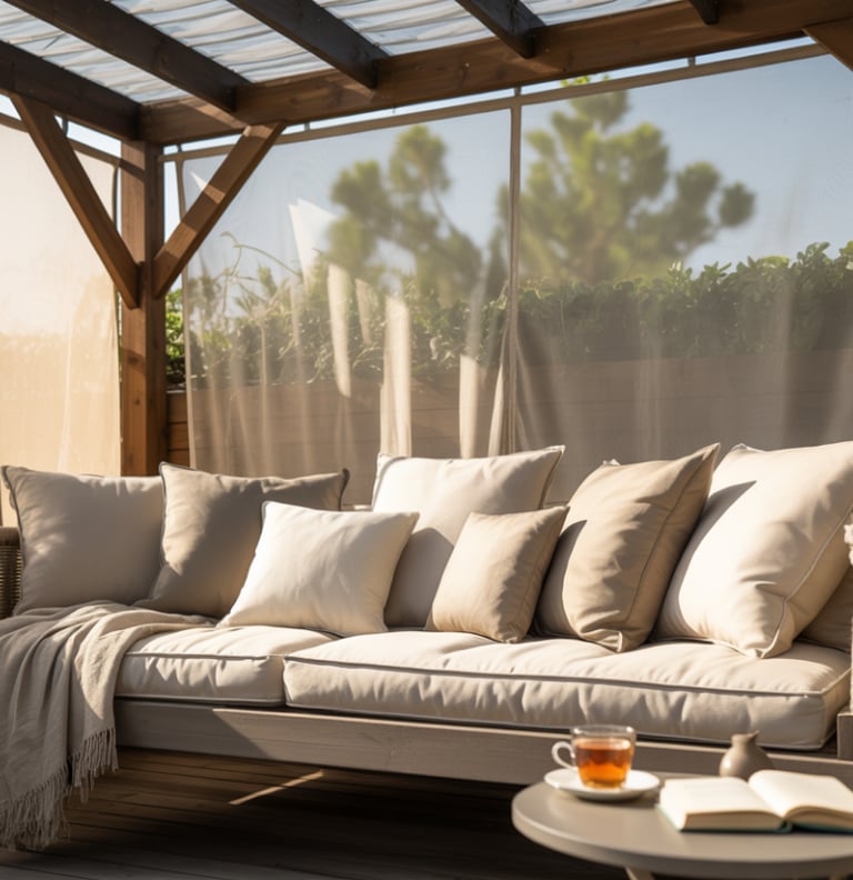 Covered daybed or swing seat reading nook, gentle movement implied, stable roof structure, relaxed a