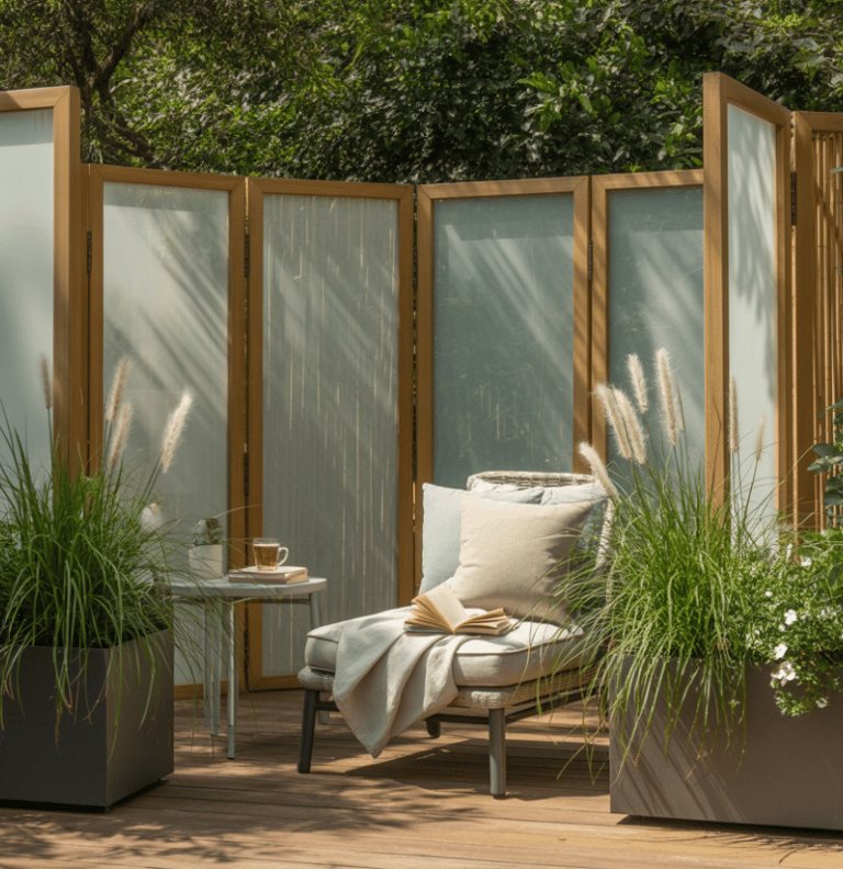 Outdoor reading nook with sheer curtains or bamboo screens, soft privacy without enclosure, calm and