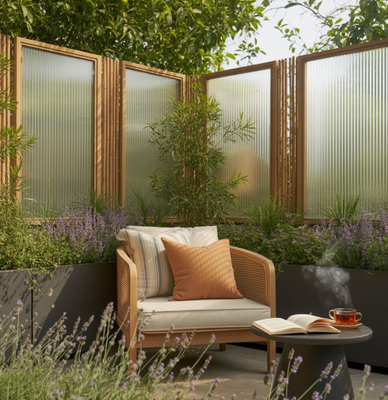 Outdoor reading nook with sheer curtains or bamboo screens, soft privacy without enclosure, calm and