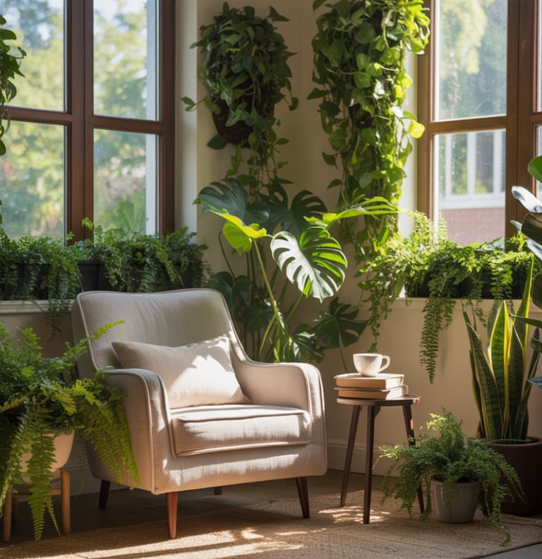 Neutral-toned outdoor reading nook with soft cushions and subtle accent colors, calm and balanced co