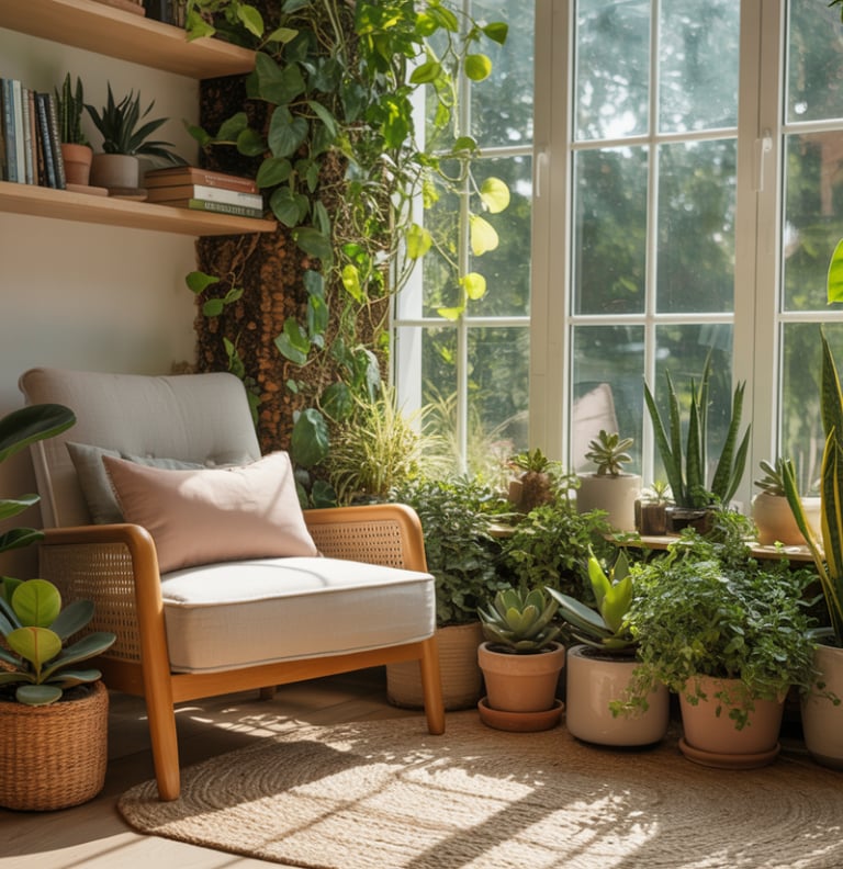 Neutral-toned outdoor reading nook with soft cushions and subtle accent colors, calm and balanced co