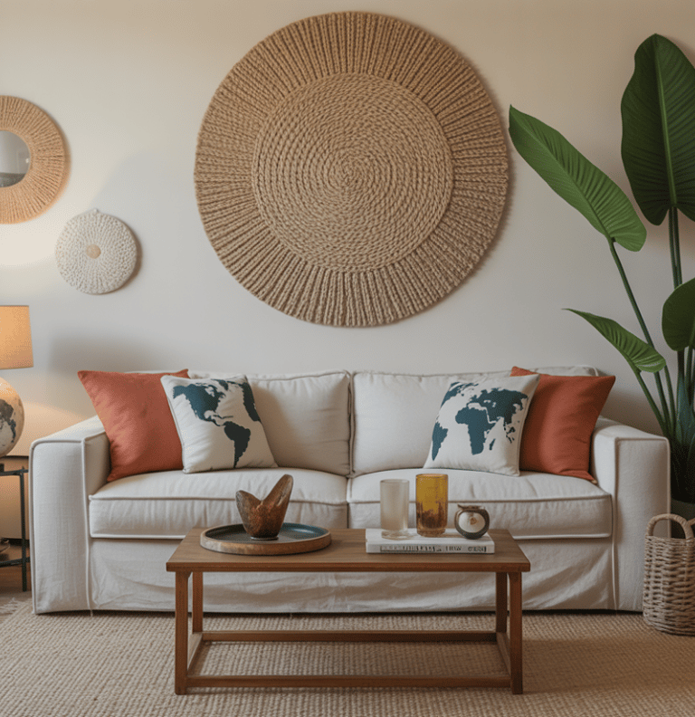 Living room scene contrasting mismatched decor pieces working together through color and texture, gl