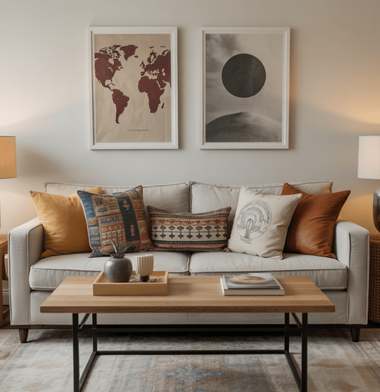 Living room scene contrasting mismatched decor pieces working together through color and texture, gl