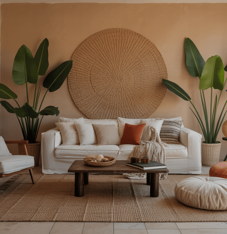 Bohemian living room with deep sofa, floor pouf, low accent chair, layered cushions, relaxed layout 