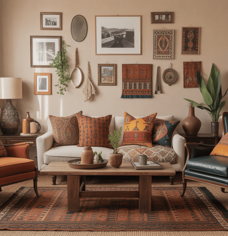 Bohemian living room with deep sofa, floor pouf, low accent chair, layered cushions, relaxed layout 