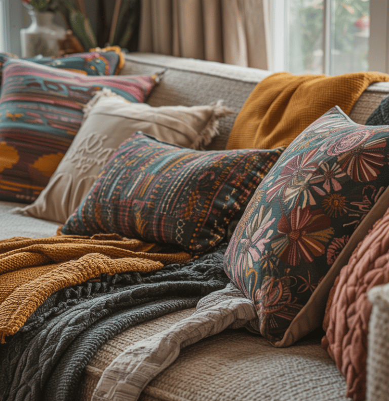 Window area framed with lightweight curtains and nearby plants, softness emphasized.