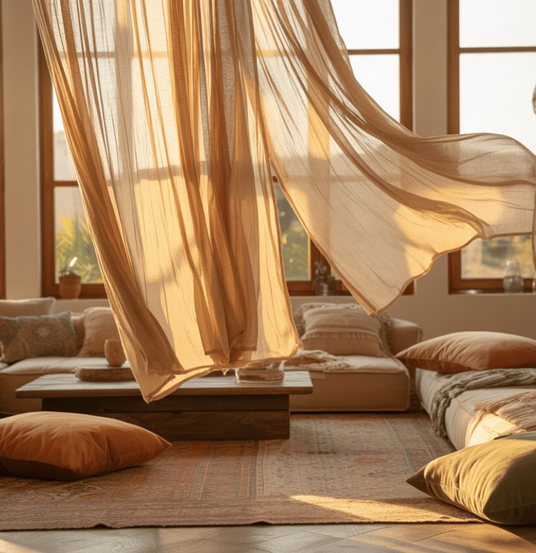Window area framed with lightweight curtains and nearby plants, softness emphasized.