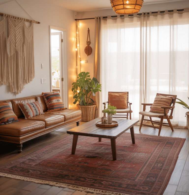 Calm bohemian space where empty wall space and flexible layout feel intentional, room reflects ongoi