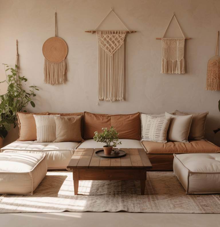 Calm bohemian space where empty wall space and flexible layout feel intentional, room reflects ongoi