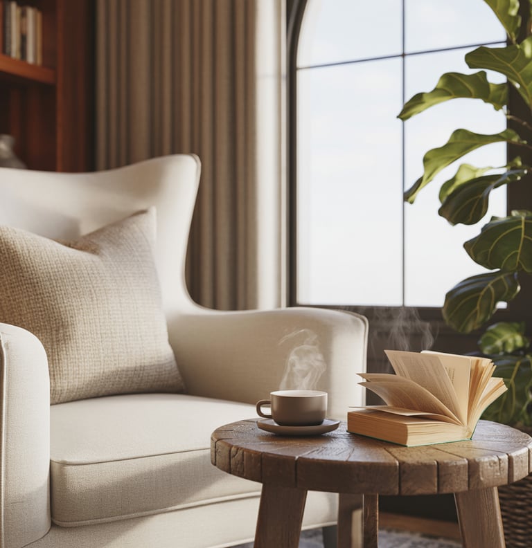 A cozy cottage-style reading nook with layered cushions, warm wood tones, and soft lighting, feeling