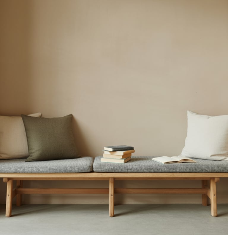 A simple bench placed along a wall with cushions, a small stack of books beside it, clean surroundin