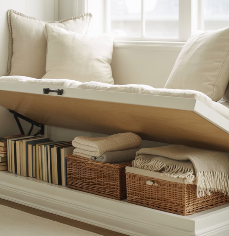 A bench nook with hidden under-seat storage visible, books and blankets neatly stored, room stays op