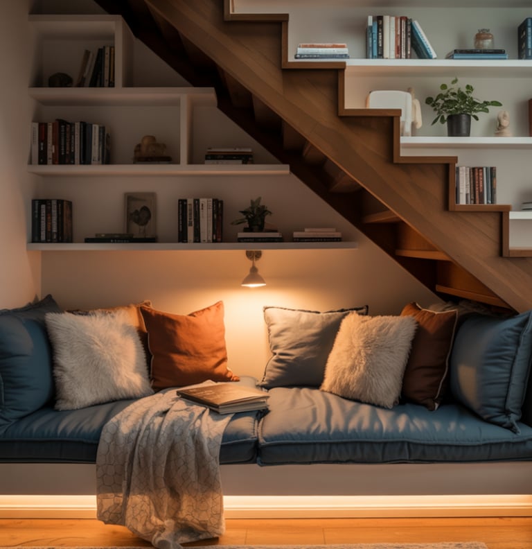An under-stair reading bench nook with soft lighting, cushions, shelves, making the tucked space fee