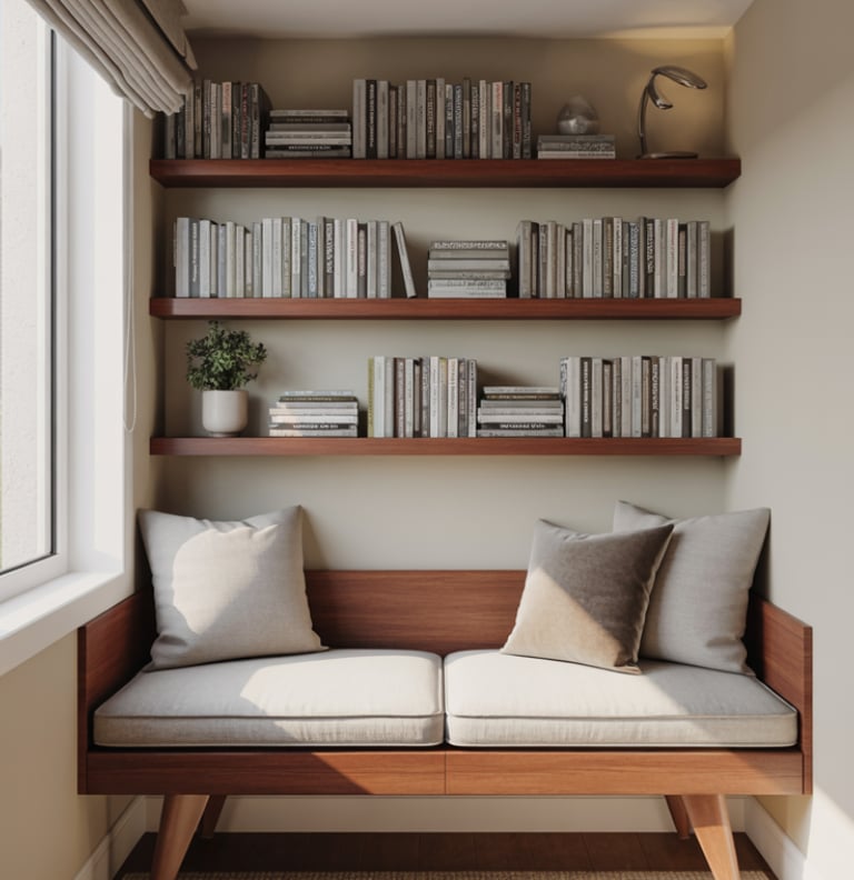 A built-in reading bench nook with custom fit under a window, storage drawers beneath, finished look