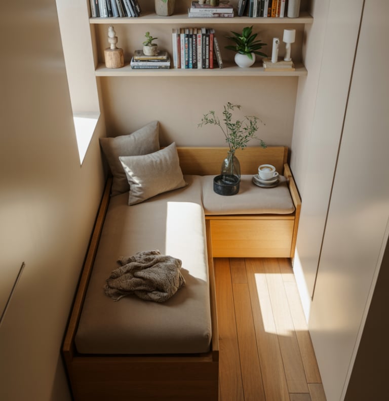 A built-in reading bench nook with custom fit under a window, storage drawers beneath, finished look