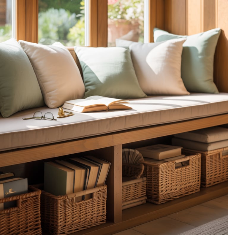 A cozy bench nook with baskets placed nearby holding reading accessories.