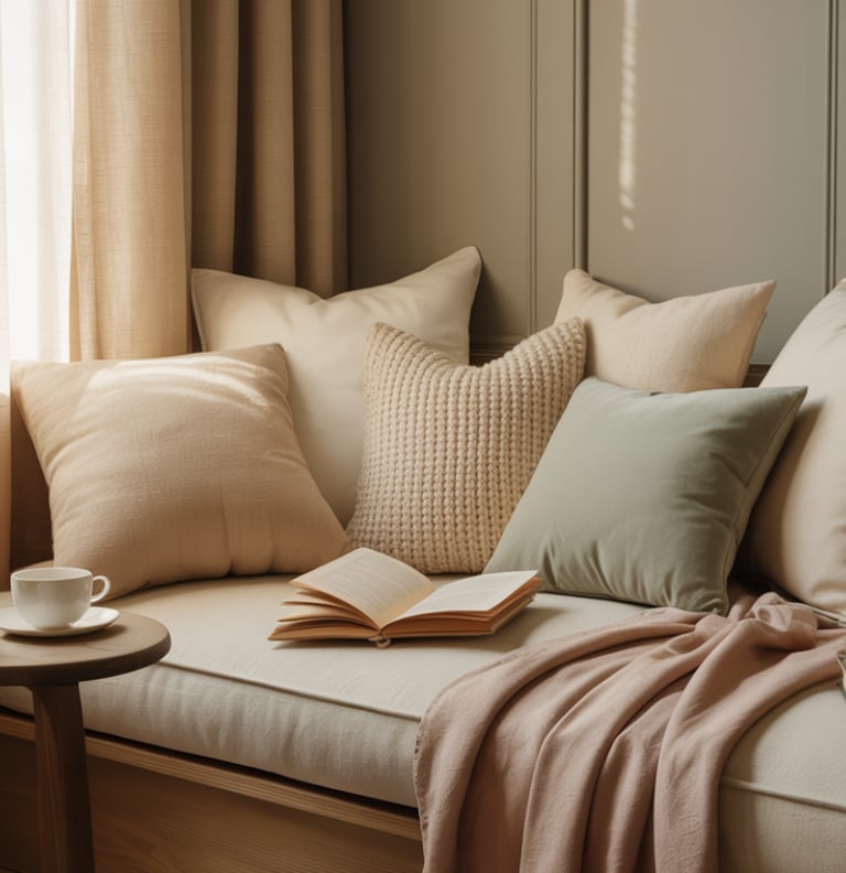 A reading bench nook with a single plant adding warmth and life to the space.