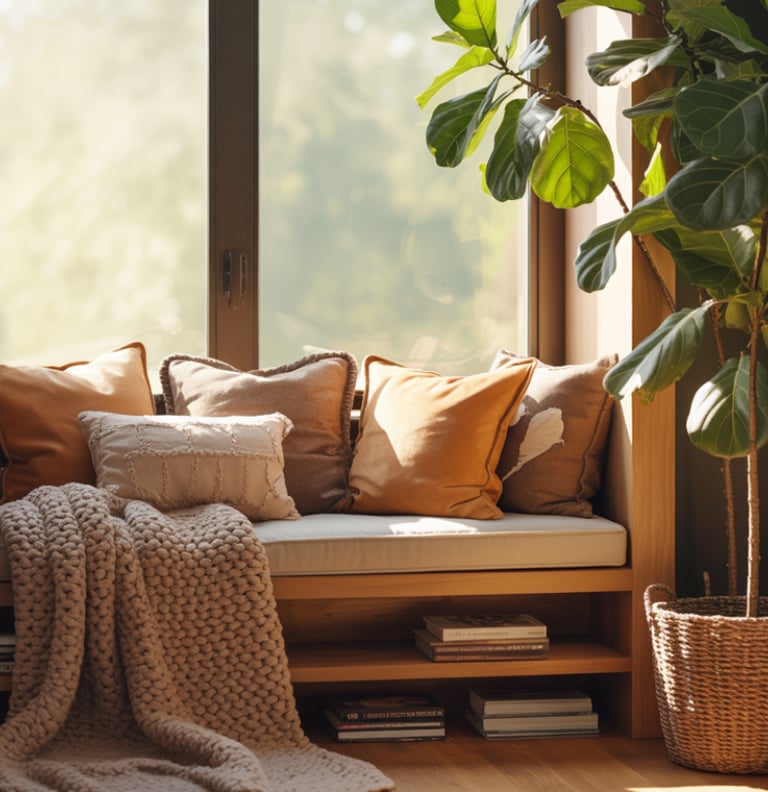 A reading bench nook with a single plant adding warmth and life to the space.
