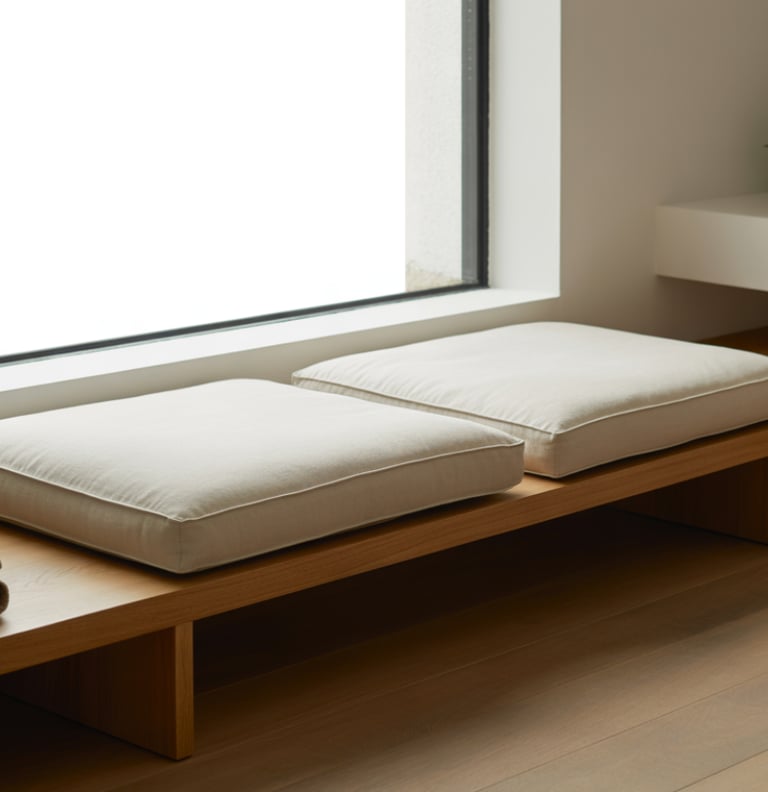 A cozy cottage-style bench nook with wooden bench, layered cushions, warm textures.