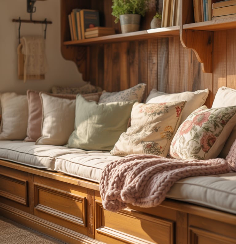 A cozy cottage-style bench nook with wooden bench, layered cushions, warm textures.