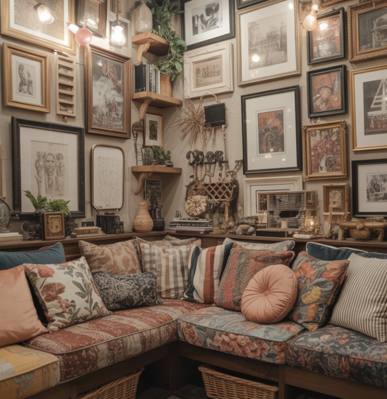 An over-decorated bench nook crowded with pillows and wall decor, cluttered feel.