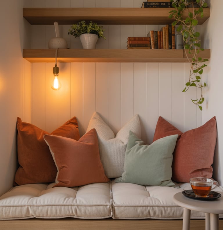 A narrow corner transformed into a bench nook, compact but comfortable.