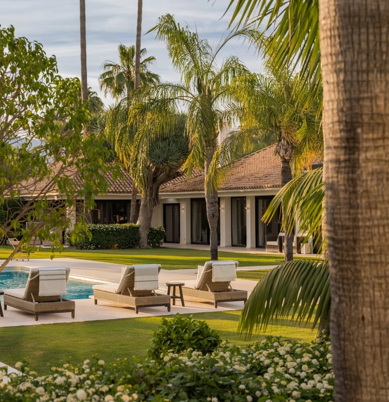 Pool terrace framed by palm trees and greenery