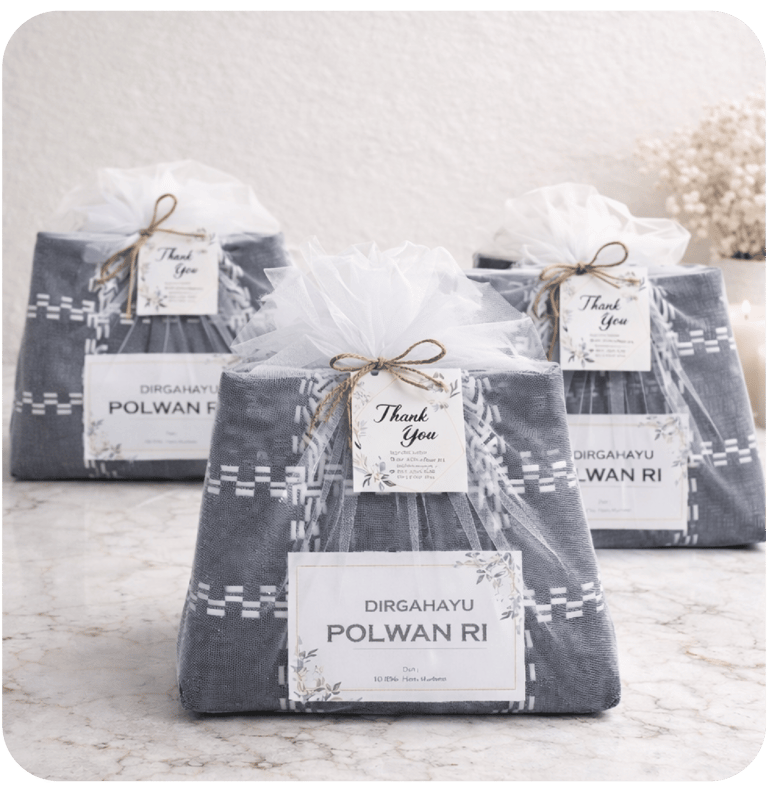 Custom handmade woven bag souvenirs prepared for POLWAN RI institutional event gifting.