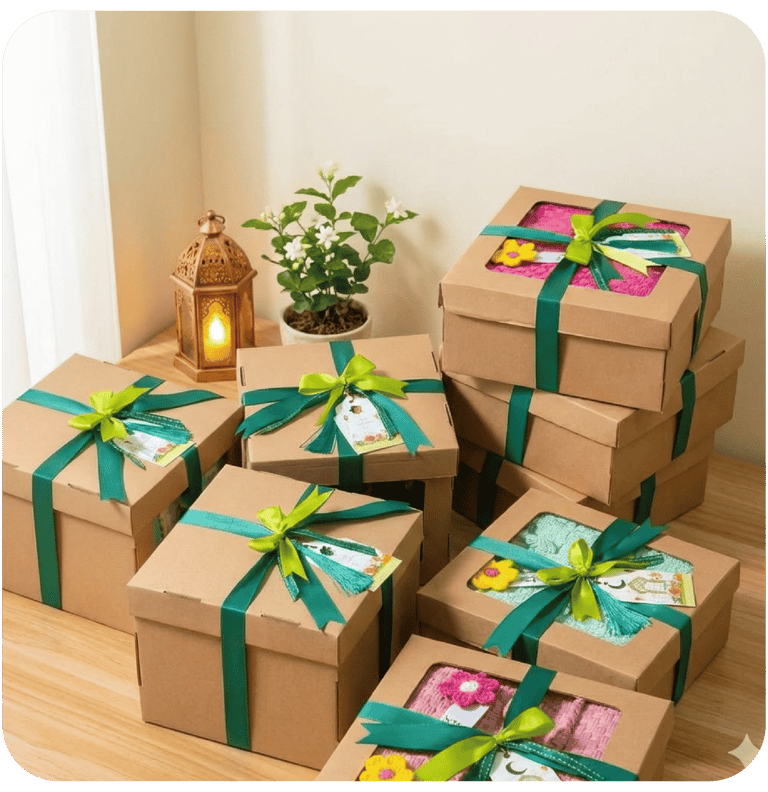 Custom handmade woven bag hampers packaged in gift boxes with ribbon decoration for corporate and event souvenirs.