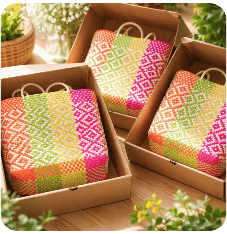 Custom colorful woven plastic bag gift hampers prepared for corporate and event souvenirs.