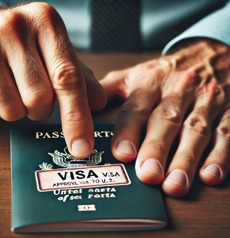 Mãos segurando passaporte aberto com visto de turista americano, simbolizando aprovação para entrada